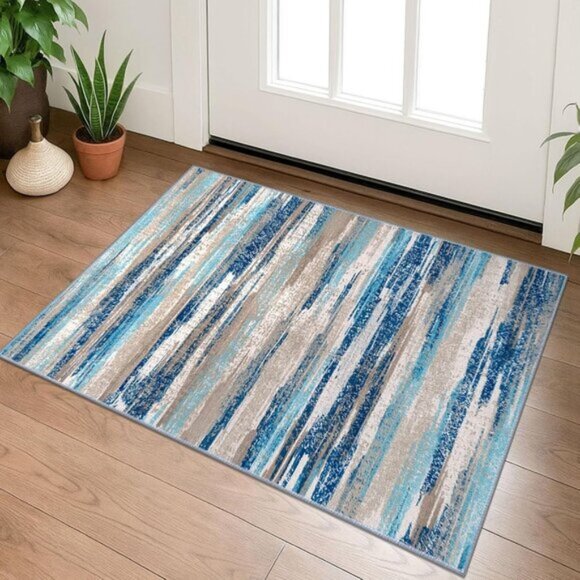 New Modern Abstract 2x3ft Entryway Rug, Washable Non-Slip Blue Faux Wool Carpet